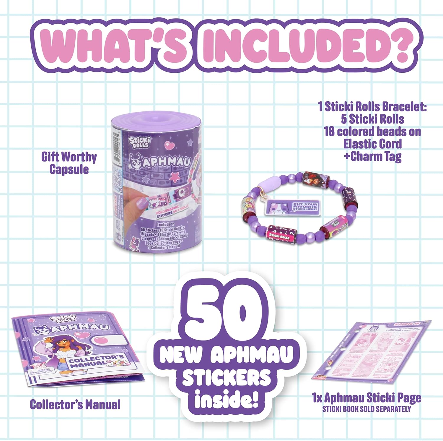 Sticki Rolls X Aphmau Capsules - Surprise Blind Pack, Includes 50 Stickers, Custom Bracelet & Charm, Kawaii Collectable Fun