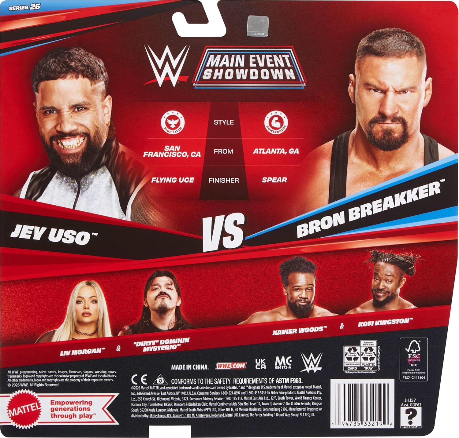 Mattel WWE Main Event Showdown Action Figures 2-Pack with Accessory, Series #25 Bron Breakker vs Jey Uso Collectible Set, 6-inch, JHJ57