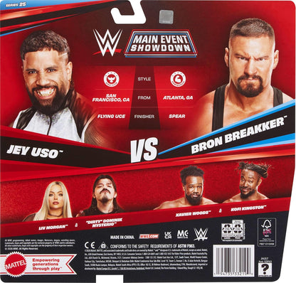Mattel WWE Main Event Showdown Action Figures 2-Pack with Accessory, Series #25 Bron Breakker vs Jey Uso Collectible Set, 6-inch, JHJ57