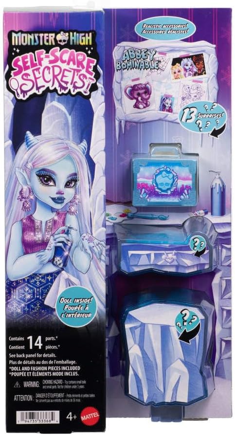 Monster High Coffret Secrets De Beauté Terreur & Bien-être Abbey Bominable, poupée et accessoires avec 13 surprises réalistes dont du henné, de la peinture et du crochet