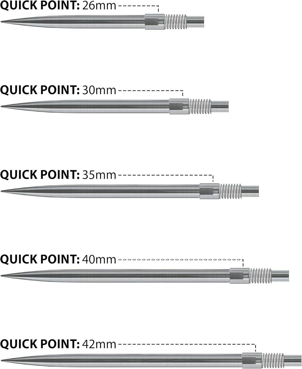 Harrows Quick Point Steel Tip Dart Points | Replacement Darts Tips in Black & Silver | 26mm, 30mm, 35mm, 40mm & 42mm | Compatible with QP System