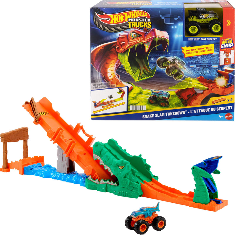 Hot Wheels Monster Trucks 1:64 Scale Mega-Wrex Vehicle, Race and Stunts on See-Saw Bridge - Crash Challenge Crocodile Playset