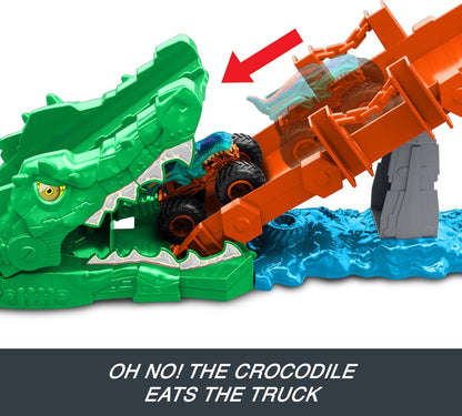 Hot Wheels Monster Trucks 1:64 Scale Mega-Wrex Vehicle, Race and Stunts on See-Saw Bridge - Crash Challenge Crocodile Playset