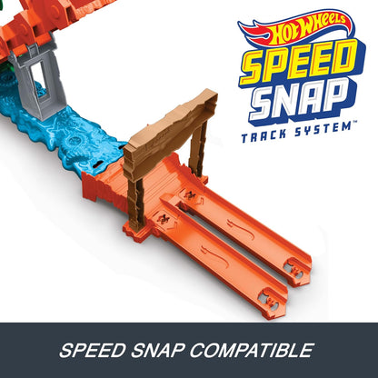 Hot Wheels Monster Trucks 1:64 Scale Mega-Wrex Vehicle, Race and Stunts on See-Saw Bridge - Crash Challenge Crocodile Playset