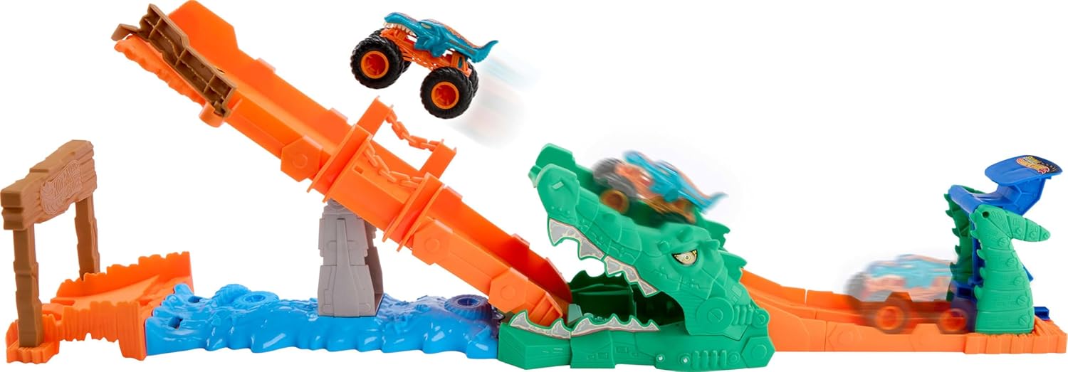 Hot Wheels Monster Trucks 1:64 Scale Mega-Wrex Vehicle, Race and Stunts on See-Saw Bridge - Crash Challenge Crocodile Playset