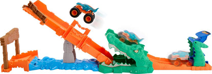 Hot Wheels Monster Trucks 1:64 Scale Mega-Wrex Vehicle, Race and Stunts on See-Saw Bridge - Crash Challenge Crocodile Playset