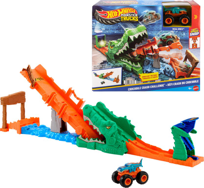 Hot Wheels Monster Trucks 1:64 Scale Mega-Wrex Vehicle, Race and Stunts on See-Saw Bridge - Crash Challenge Crocodile Playset