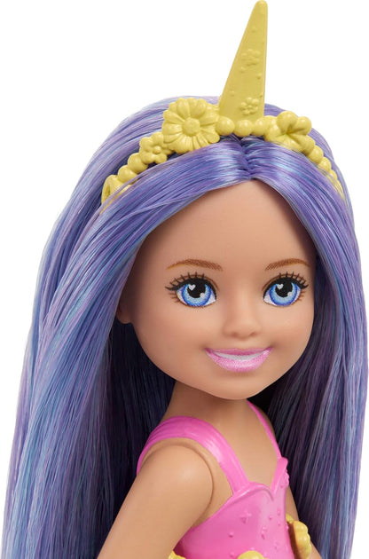 Barbie Chelsea Unicorn Small Doll (6-Inch) with Purple Hair Wearing Removable Tail, Shoes & Hair Accessory, 6-inch Toy