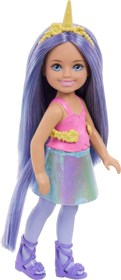 Barbie Chelsea Unicorn Small Doll (6-Inch) with Purple Hair Wearing Removable Tail, Shoes & Hair Accessory, 6-inch Toy