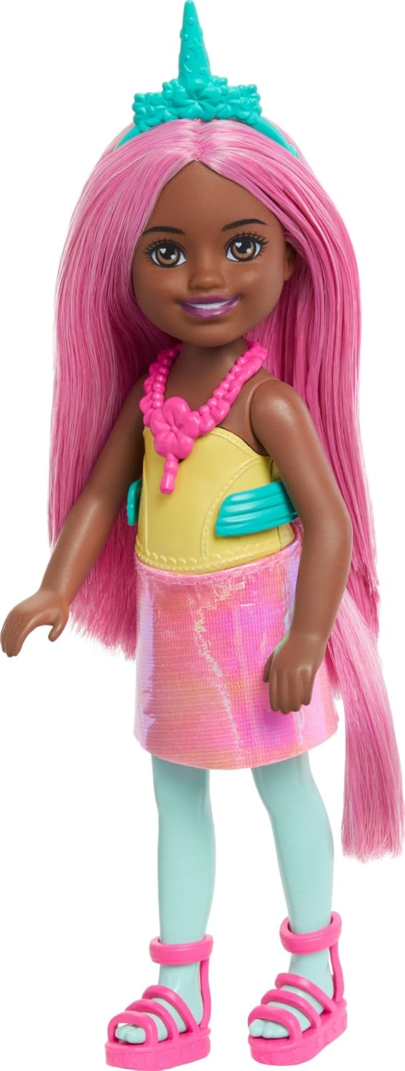Barbie Chelsea Unicorn Small Doll (6") with Pink Hair with Removable Tail, Shoes and Hair Accessories, 6" Toy