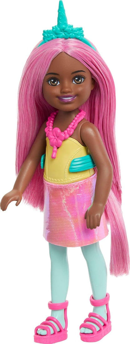Barbie Chelsea Unicorn Small Doll (6") with Pink Hair with Removable Tail, Shoes and Hair Accessories, 6" Toy