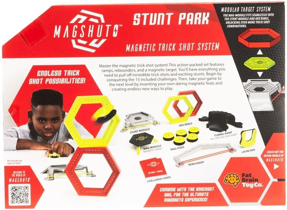 Fat Brain Toys Magshuto Stunt Park, Trickshot-speelset met hellingen, 15 uitdagingen, STEM educatief speelgoed, fysica-activiteit voor kinderen, creatief spel voor binnen