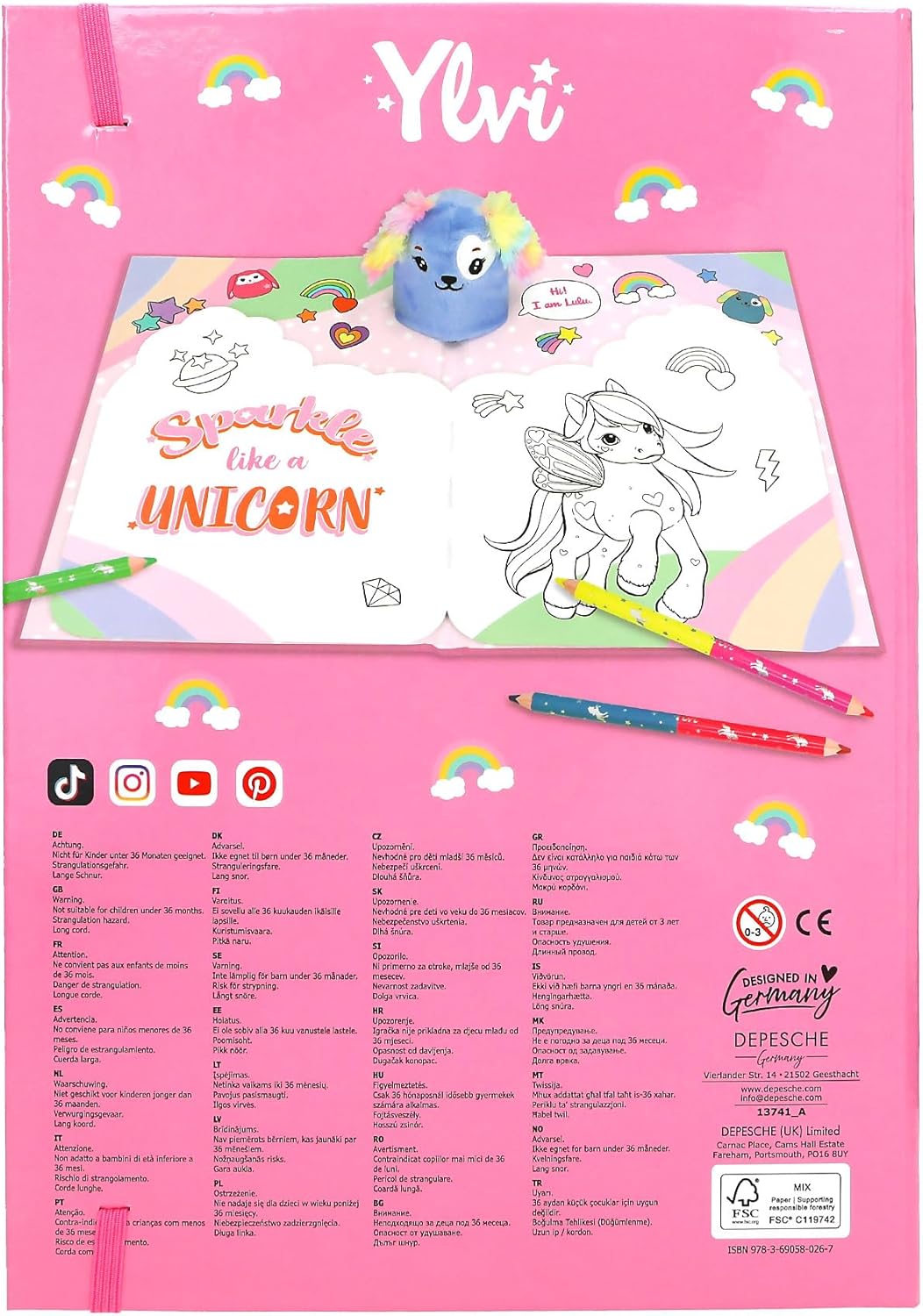 Depesche 13741 Ylvi Unicorn Fun Colouring Book with 24 Figurely Die-Cut Pages for Creating Unicorn Motifs, Includes 3 Sticker Sheets