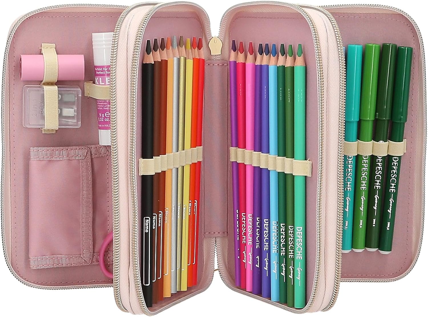 Depesche 13975 Miss Melody - Filled 3-Compartment Pencil Case in Light Yellow, with Horse Motif and Applied Mane, Pencil Case with Coloured Pencils, Scissors, Ruler and Much More