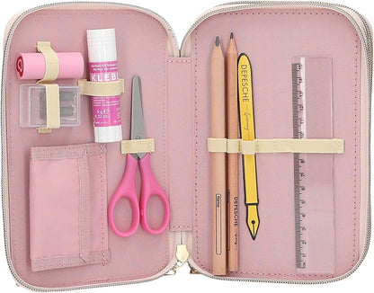 Depesche 13975 Miss Melody - Filled 3-Compartment Pencil Case in Light Yellow, with Horse Motif and Applied Mane, Pencil Case with Coloured Pencils, Scissors, Ruler and Much More