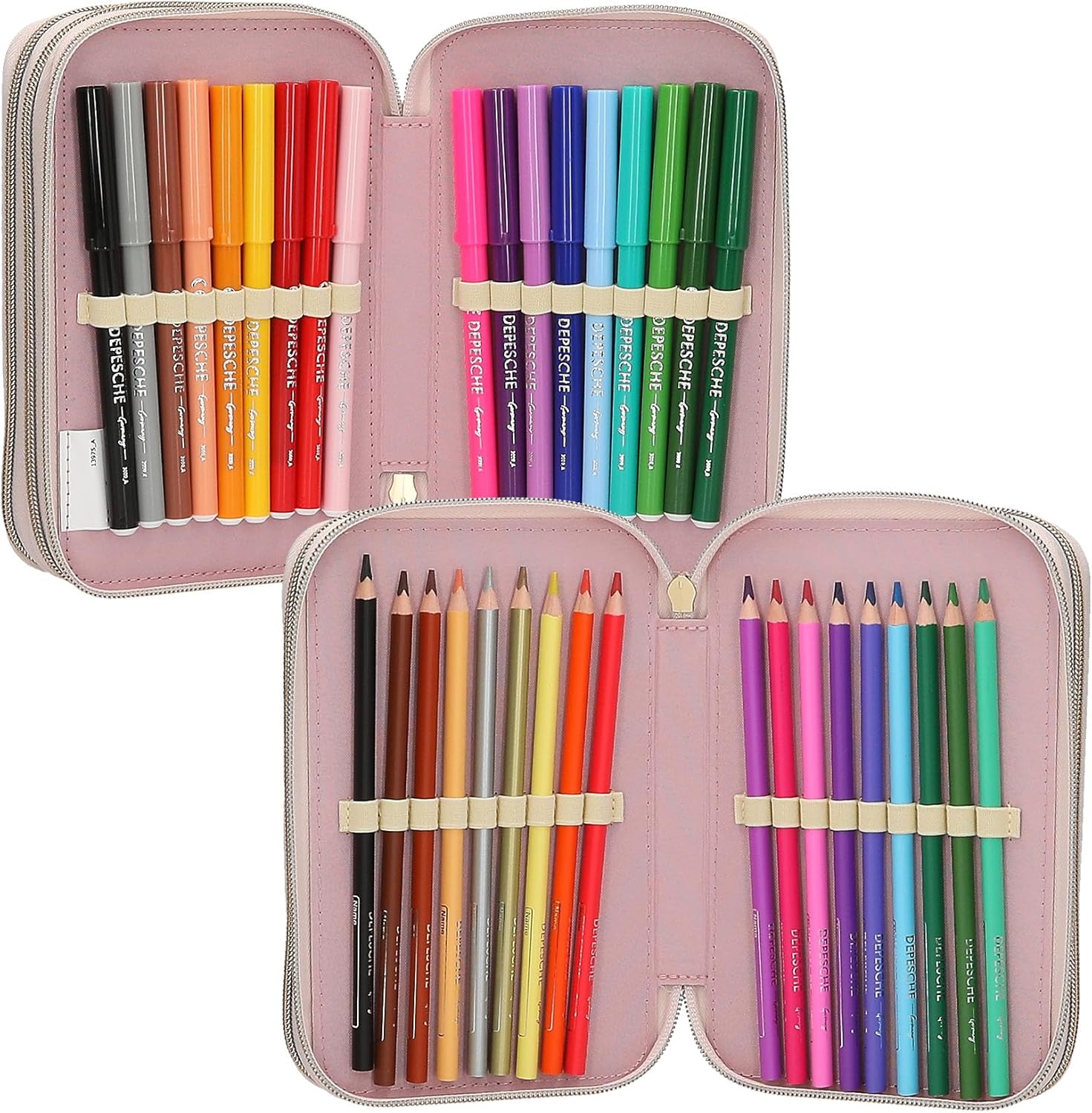 Depesche 13975 Miss Melody - Filled 3-Compartment Pencil Case in Light Yellow, with Horse Motif and Applied Mane, Pencil Case with Coloured Pencils, Scissors, Ruler and Much More