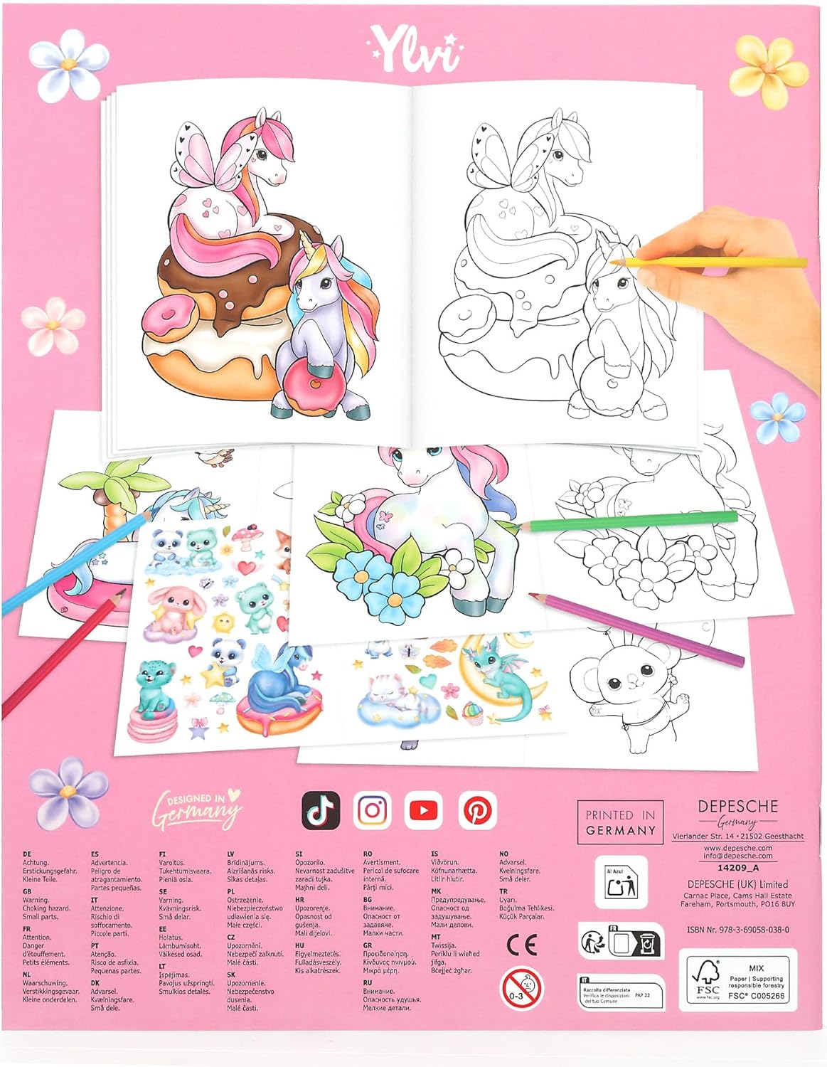 Depesche 14209 Ylvi Create Your Unicorn Colouring Book with 13 Pages of Pre-Printed Unicorn Motifs for Colouring, Includes Colouring Pages and 2 Pages of Stickers