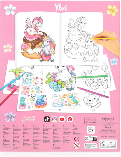 Depesche 14209 Ylvi Create Your Unicorn Colouring Book with 13 Pages of Pre-Printed Unicorn Motifs for Colouring, Includes Colouring Pages and 2 Pages of Stickers