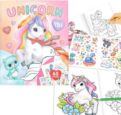 Depesche 14209 Ylvi Create Your Unicorn Colouring Book with 13 Pages of Pre-Printed Unicorn Motifs for Colouring, Includes Colouring Pages and 2 Pages of Stickers