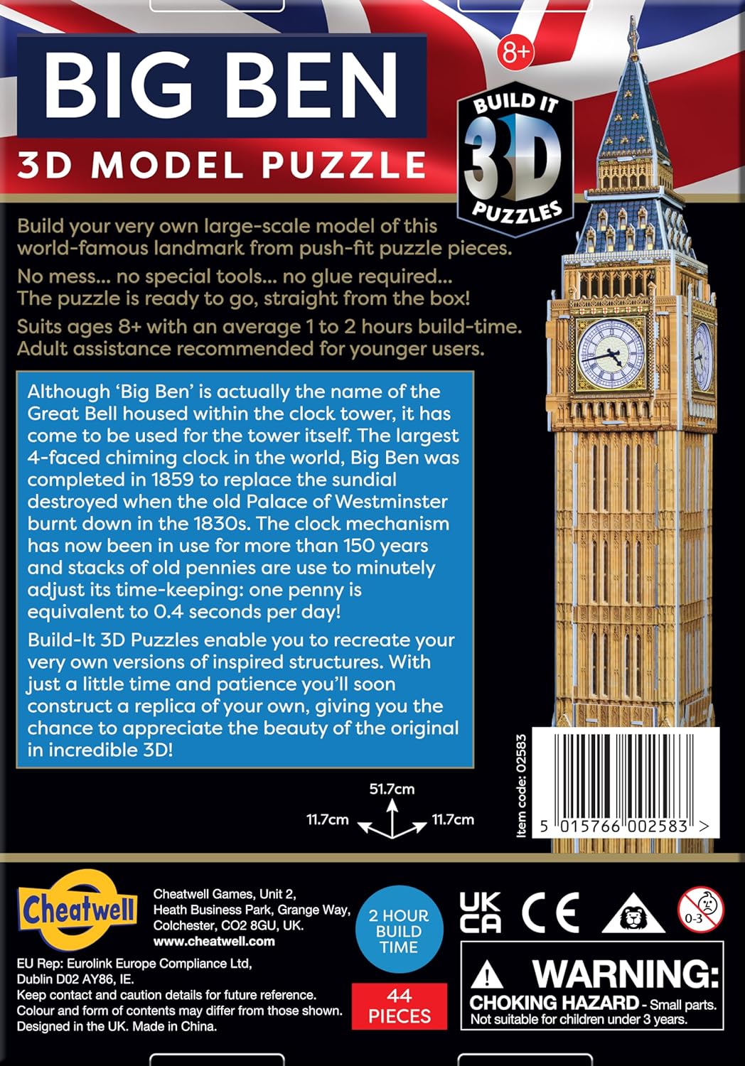 Cheatwell Games - BYO 3D Big Ben - 3D Puzzles For Kids & Adults - Model Kit To Build - Gift For Children and Adults - 44 Pieces - Ages 8+