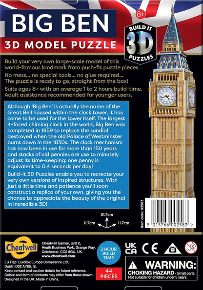 Cheatwell Games - BYO 3D Big Ben - 3D Puzzles For Kids & Adults - Model Kit To Build - Gift For Children and Adults - 44 Pieces - Ages 8+