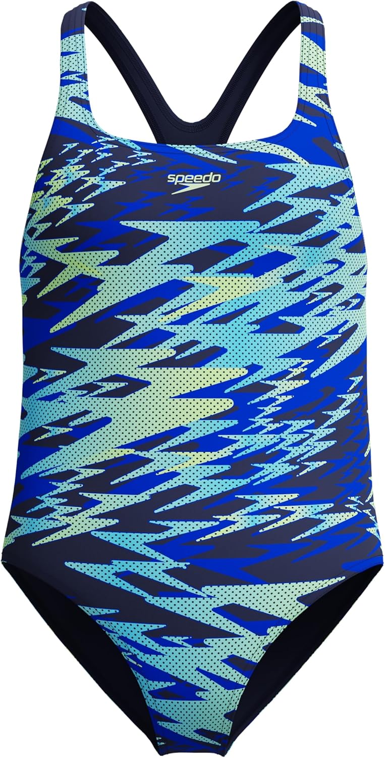 Speedo Girls Hyperboom Print Medalist Swimsuit Swimming Costume Peacoat
