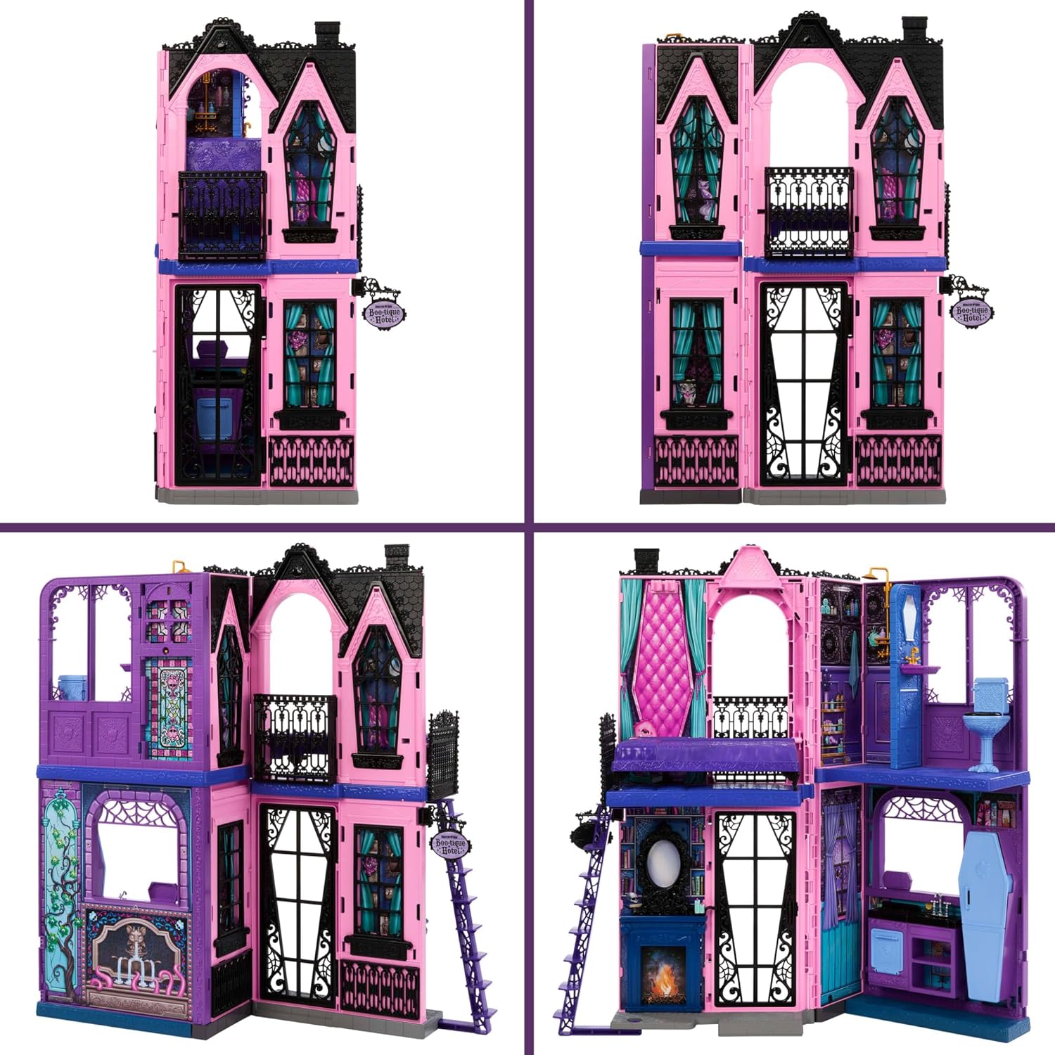 Monster High Boo-tique Hotel Doll House, Foldable Playset with Spooky Surprises in Every Room and 13+ Pieces Including Furniture and Accessories, JBF16