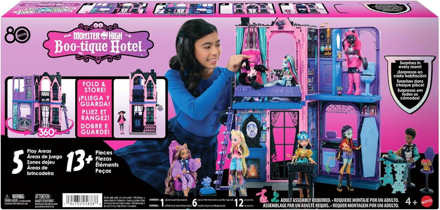 Monster High Boo-tique Hotel Doll House, Foldable Playset with Spooky Surprises in Every Room and 13+ Pieces Including Furniture and Accessories, JBF16