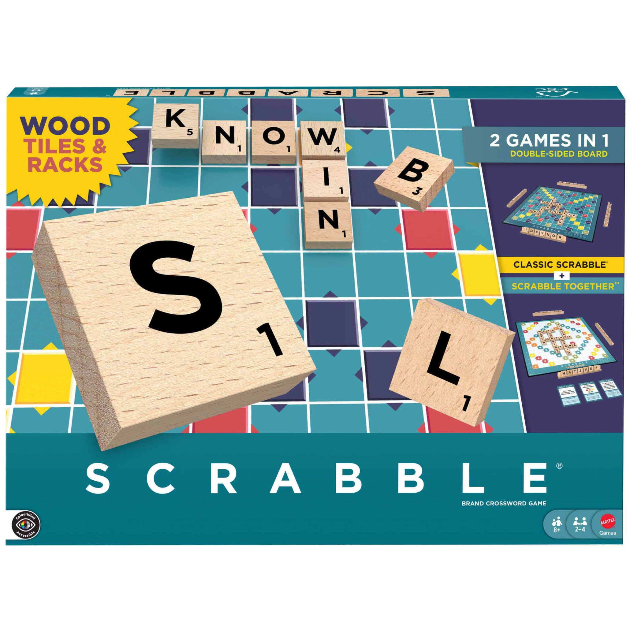 Mattel Games Scrabble Board Game, Classic Family Word Fun, featuring Wooden Letter Tiles and Racks, with Two Ways to Play for 2-4 Players, JGR61