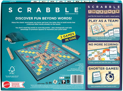 Mattel Games Scrabble Board Game, Classic Family Word Fun, featuring Wooden Letter Tiles and Racks, with Two Ways to Play for 2-4 Players, JGR61