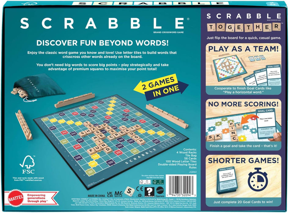 Mattel Games Scrabble Board Game, Classic Family Word Fun, featuring Wooden Letter Tiles and Racks, with Two Ways to Play for 2-4 Players, JGR61