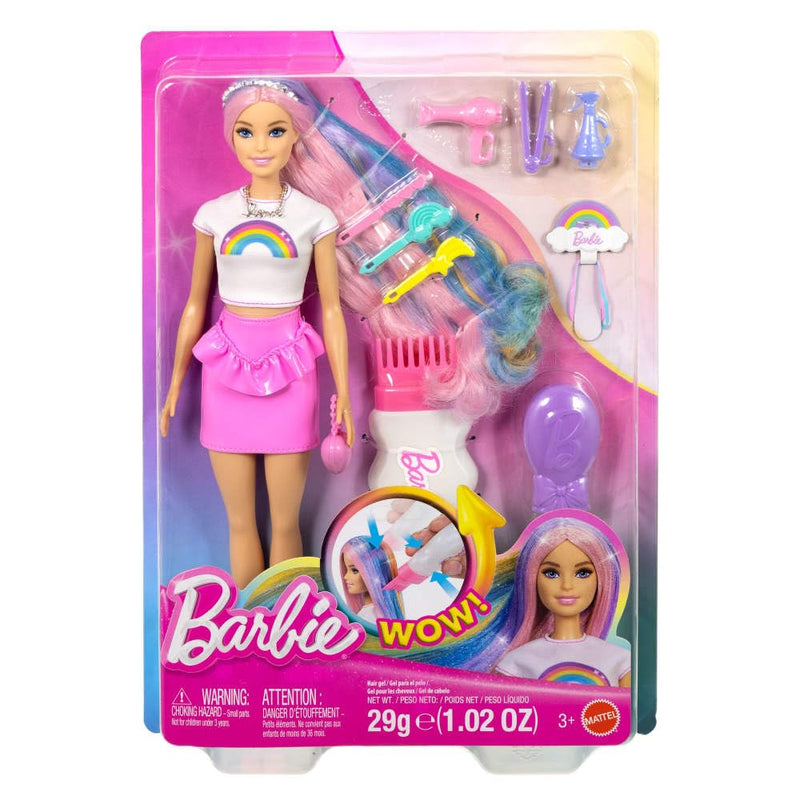 Barbie Rainbow Sparkle Hair Doll, Extra-Long and Colorful Hair with 12 Styling Accessories like Glitter Tube, Brush, Clips, Hair Dryer and More, JJP07