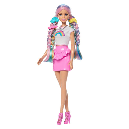 Barbie Rainbow Sparkle Hair Doll, Extra-Long and Colorful Hair with 12 Styling Accessories like Glitter Tube, Brush, Clips, Hair Dryer and More, JJP07