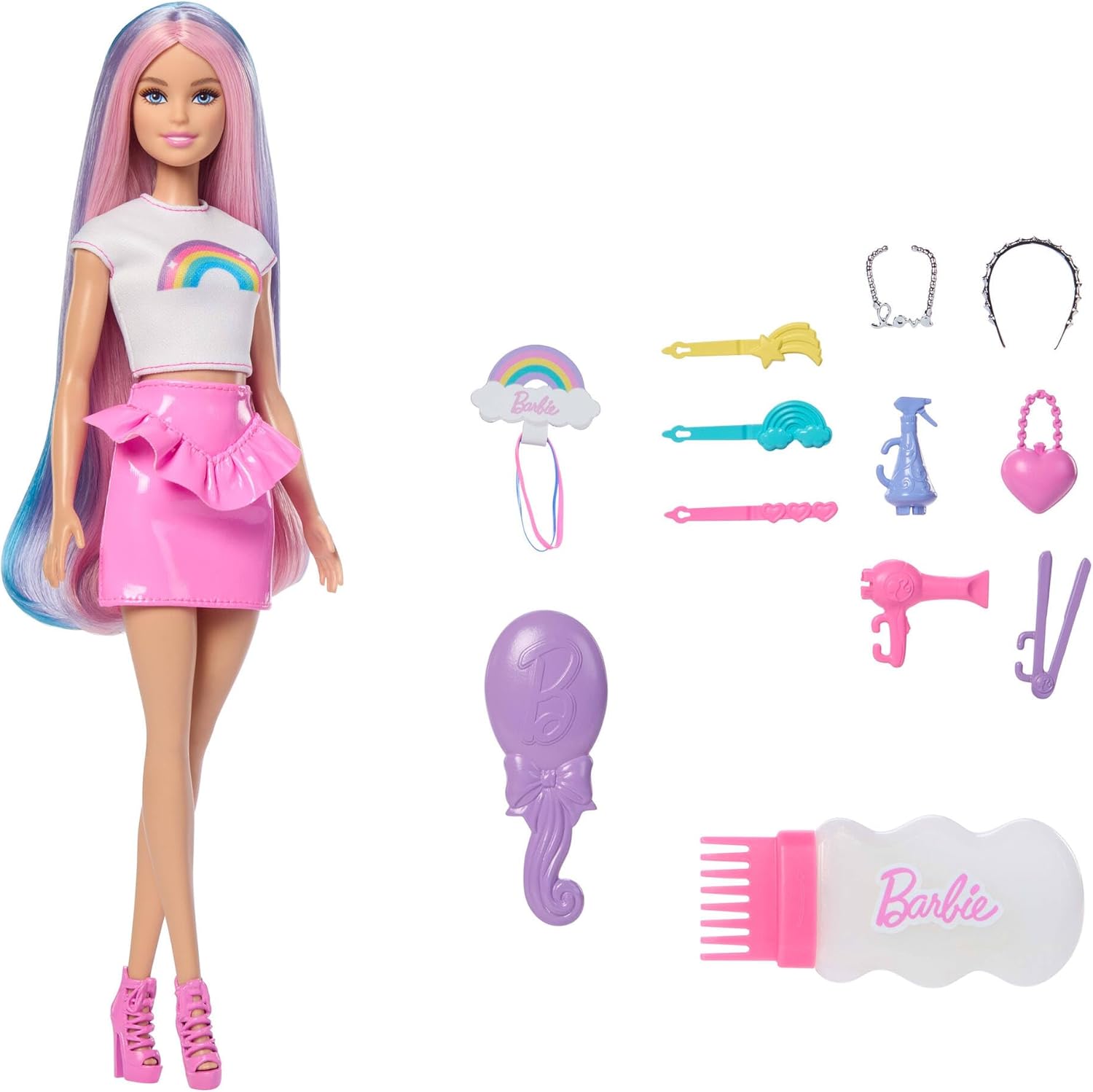 Barbie Rainbow Sparkle Hair Doll, Extra-Long and Colorful Hair with 12 Styling Accessories like Glitter Tube, Brush, Clips, Hair Dryer and More, JJP07