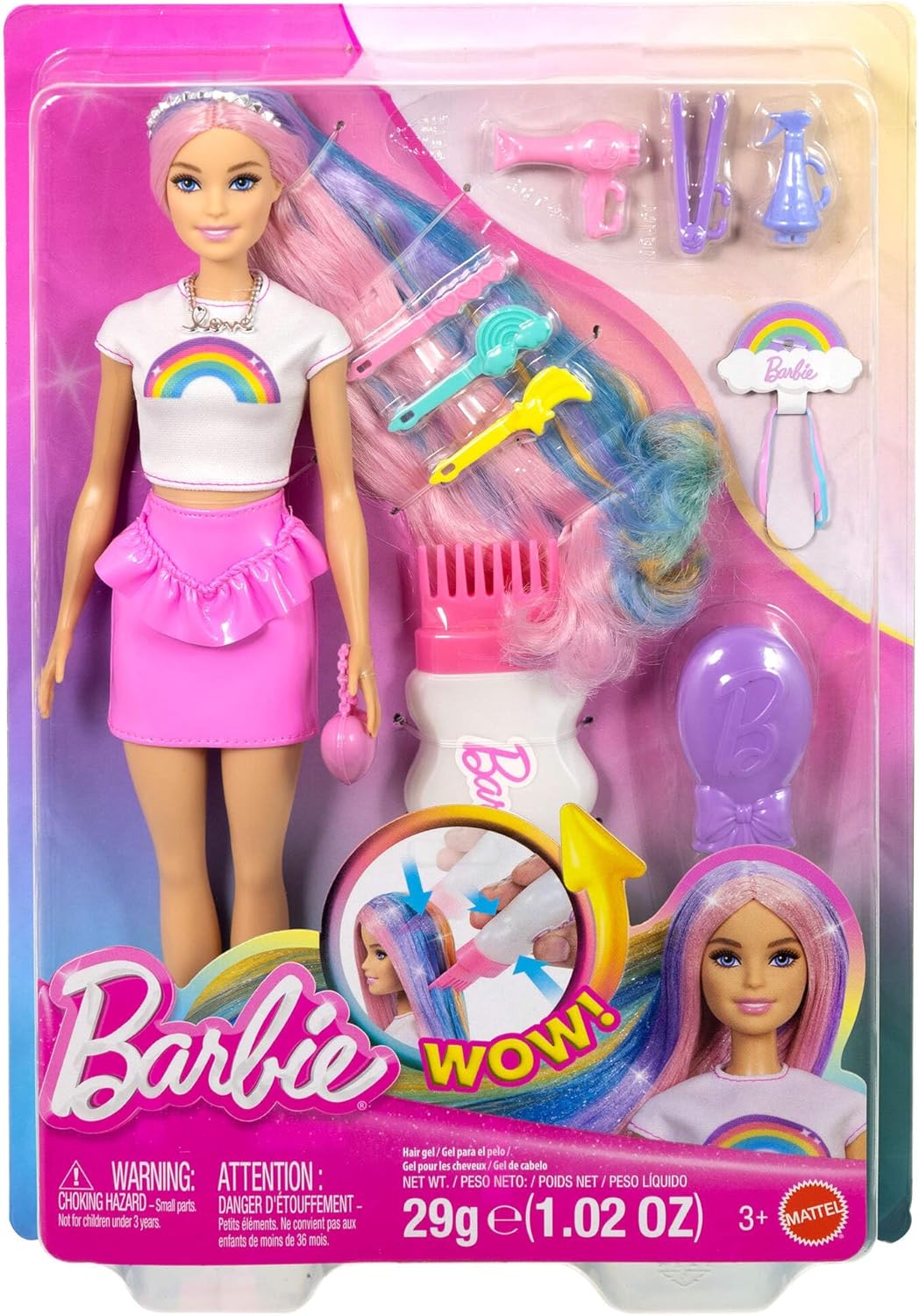 Barbie Rainbow Sparkle Hair Doll, Extra-Long and Colorful Hair with 12 Styling Accessories like Glitter Tube, Brush, Clips, Hair Dryer and More, JJP07