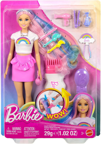 Barbie Rainbow Sparkle Hair Doll, Extra-Long and Colorful Hair with 12 Styling Accessories like Glitter Tube, Brush, Clips, Hair Dryer and More, JJP07
