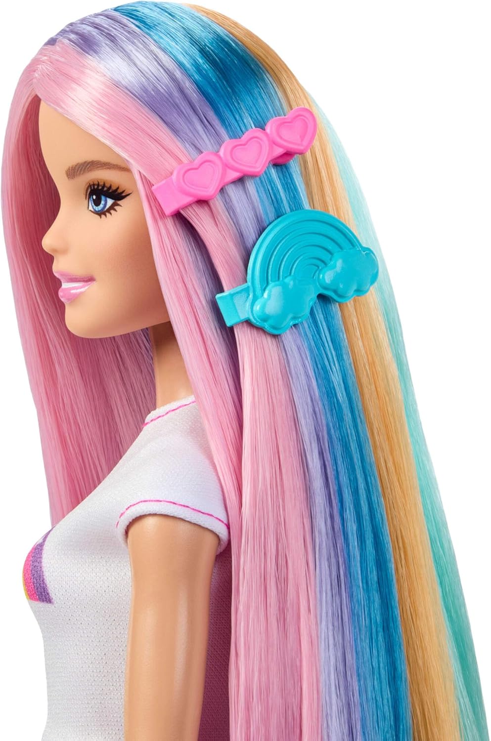 Barbie Rainbow Sparkle Hair Doll, Extra-Long and Colorful Hair with 12 Styling Accessories like Glitter Tube, Brush, Clips, Hair Dryer and More, JJP07