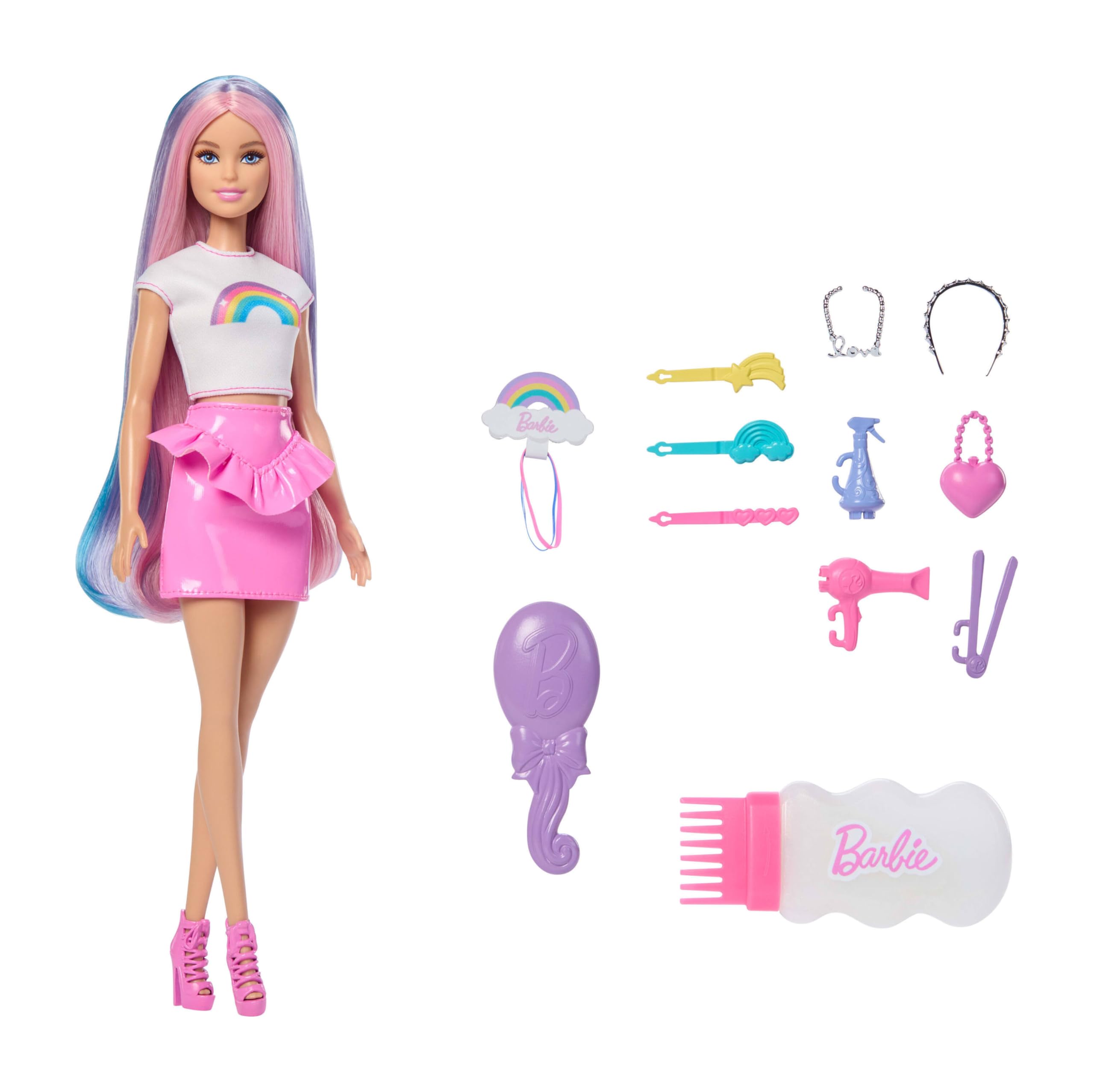 Barbie Rainbow Sparkle Hair Doll, Extra-Long and Colorful Hair with 12 Styling Accessories like Glitter Tube, Brush, Clips, Hair Dryer and More, JJP07