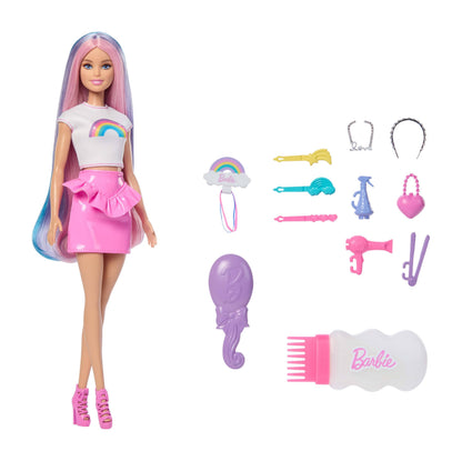 Barbie Rainbow Sparkle Hair Doll, Extra-Long and Colorful Hair with 12 Styling Accessories like Glitter Tube, Brush, Clips, Hair Dryer and More, JJP07