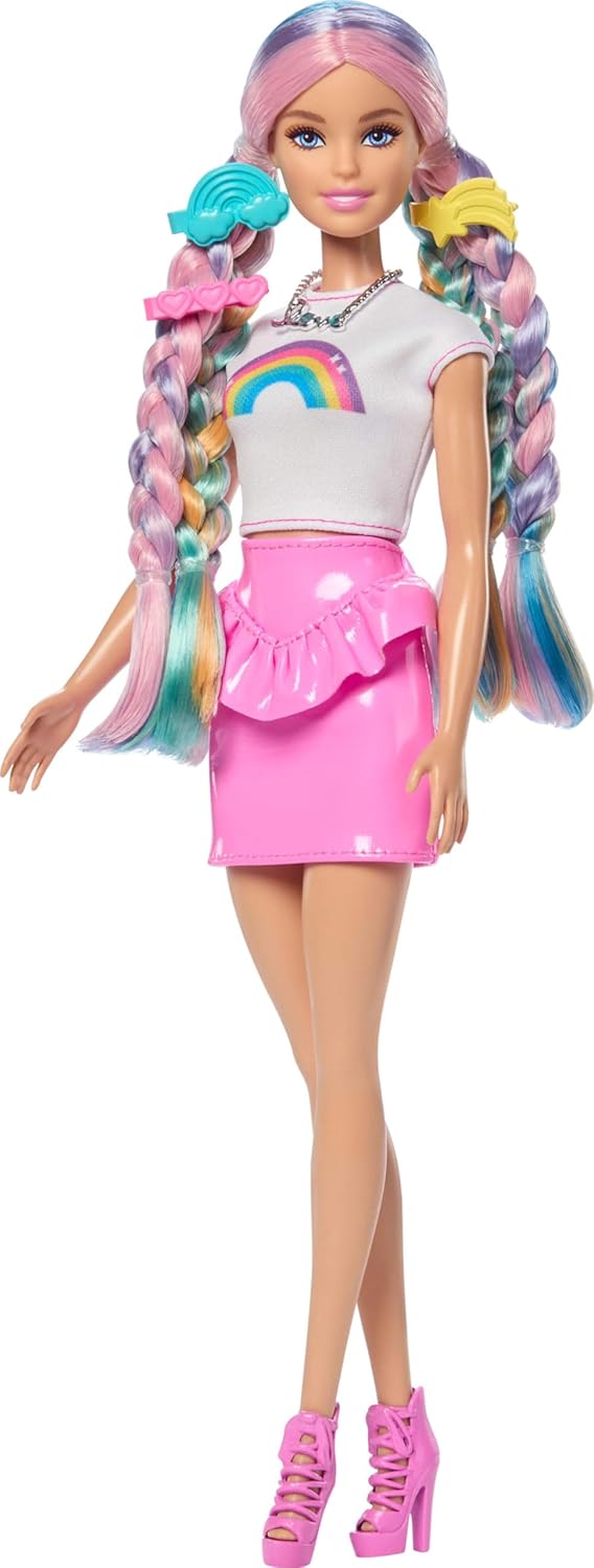 Barbie Rainbow Sparkle Hair Doll, Extra-Long and Colorful Hair with 12 Styling Accessories like Glitter Tube, Brush, Clips, Hair Dryer and More, JJP07