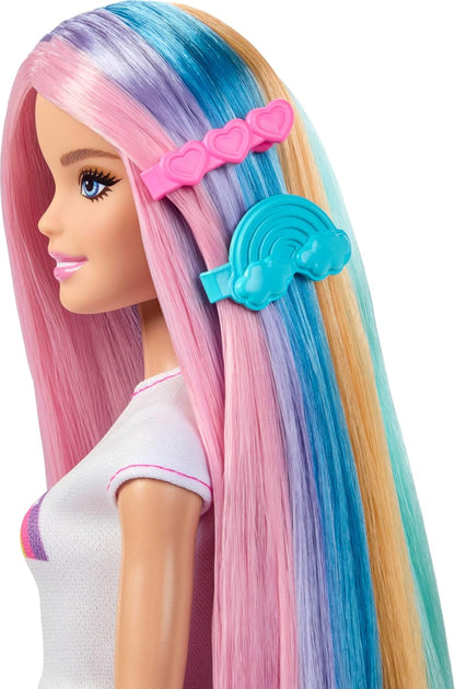 Barbie Rainbow Sparkle Hair Doll, Extra-Long and Colorful Hair with 12 Styling Accessories like Glitter Tube, Brush, Clips, Hair Dryer and More, JJP07