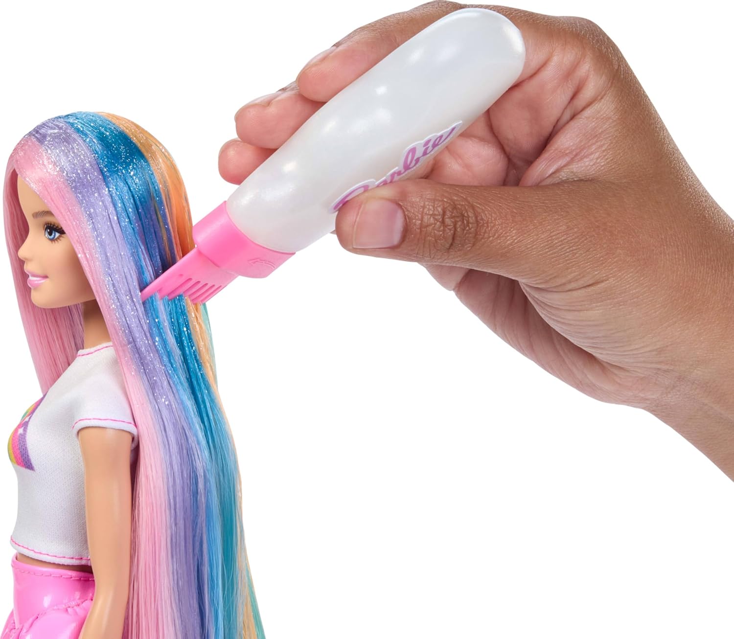 Barbie Rainbow Sparkle Hair Doll, Extra-Long and Colorful Hair with 12 Styling Accessories like Glitter Tube, Brush, Clips, Hair Dryer and More, JJP07