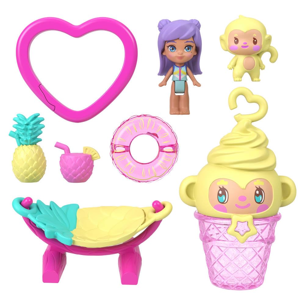 Polly Pocket Poppen en Speelset, Ananas Aapje Compacte Speelset, speelgoed voor onderweg met 1 micropop, dierenvriendje, hangmat en accessoires met fruitthema, JKC49