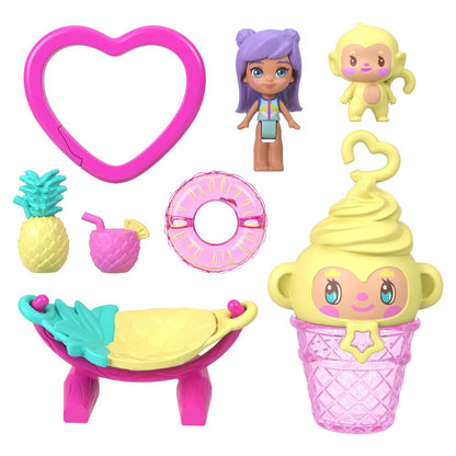Polly Pocket Poppen en Speelset, Ananas Aapje Compacte Speelset, speelgoed voor onderweg met 1 micropop, dierenvriendje, hangmat en accessoires met fruitthema, JKC49