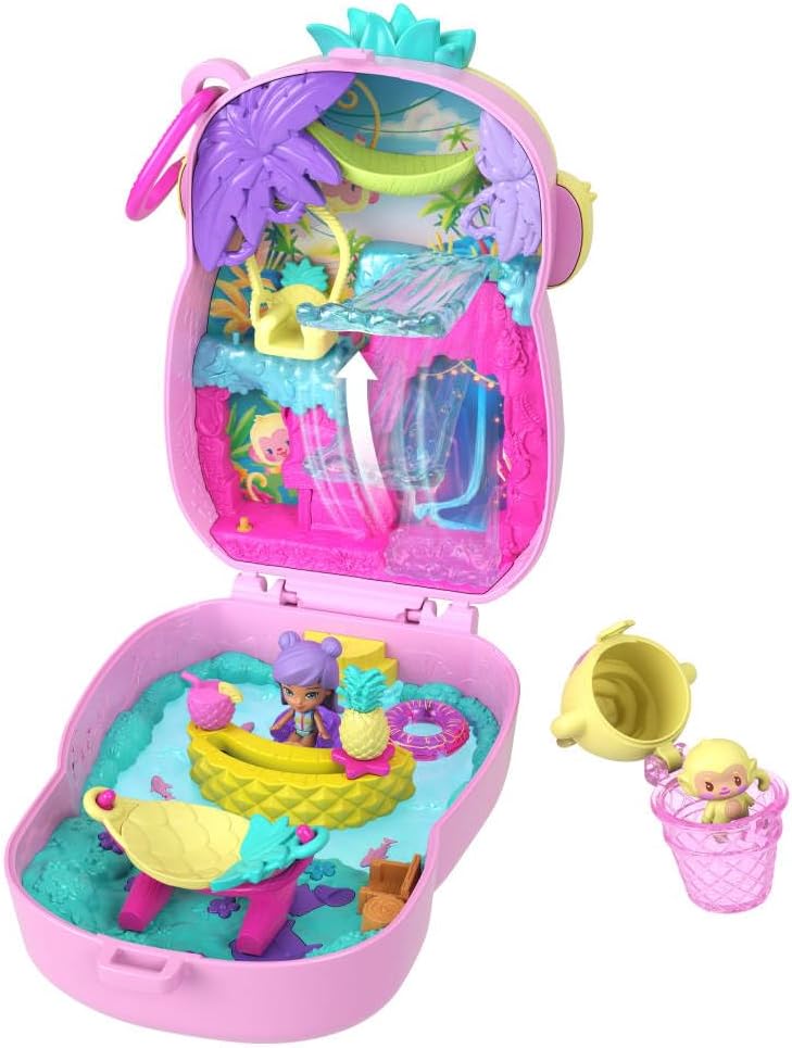 Polly Pocket Poppen en Speelset, Ananas Aapje Compacte Speelset, speelgoed voor onderweg met 1 micropop, dierenvriendje, hangmat en accessoires met fruitthema, JKC49
