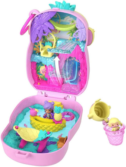 Polly Pocket Poppen en Speelset, Ananas Aapje Compacte Speelset, speelgoed voor onderweg met 1 micropop, dierenvriendje, hangmat en accessoires met fruitthema, JKC49