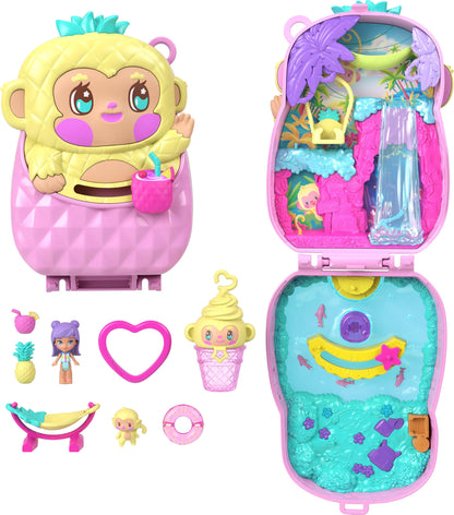 Polly Pocket Dolls and Playset, Pineapple Monkey Compact, Travel Toy with 1 Micro Doll, Pet, Hammock, Fruit Themed Accessories, JKC49