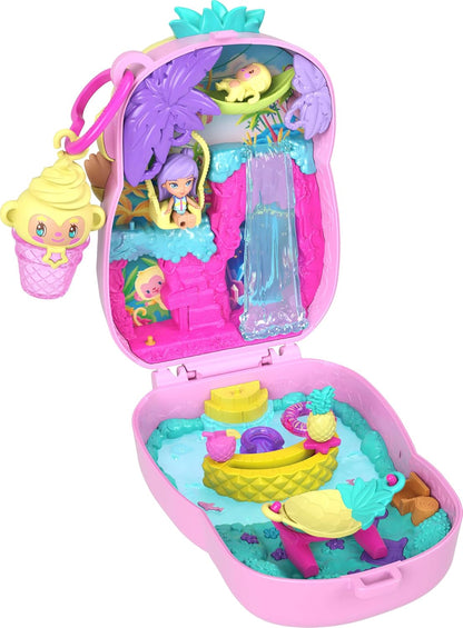 Polly Pocket Dolls and Playset, Pineapple Monkey Compact, Travel Toy with 1 Micro Doll, Pet, Hammock, Fruit Themed Accessories, JKC49