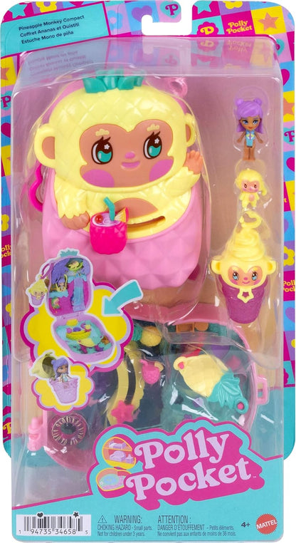 Polly Pocket Dolls and Playset, Pineapple Monkey Compact, Travel Toy with 1 Micro Doll, Pet, Hammock, Fruit Themed Accessories, JKC49