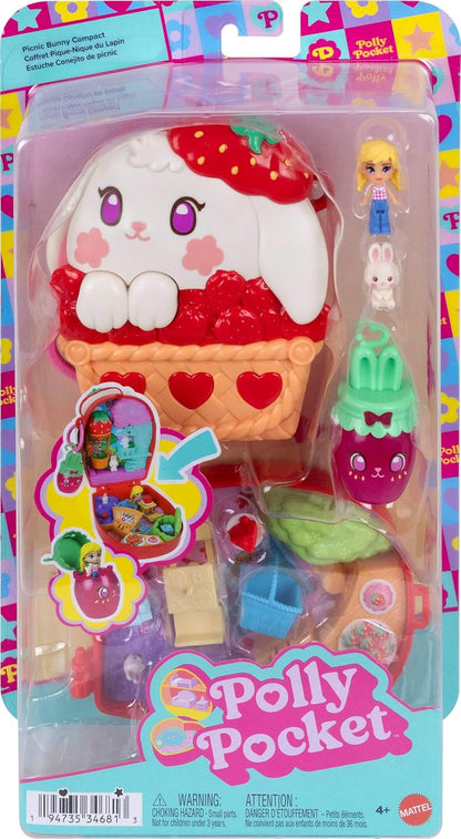 Polly Pocket Puppen und Spielset, Erdbeer-Picknick Häschen-Schatulle, Reisespielzeug mit 1 Mikropuppe, Haustier und Zubehörteilen mit Obstmotiven, JKC47